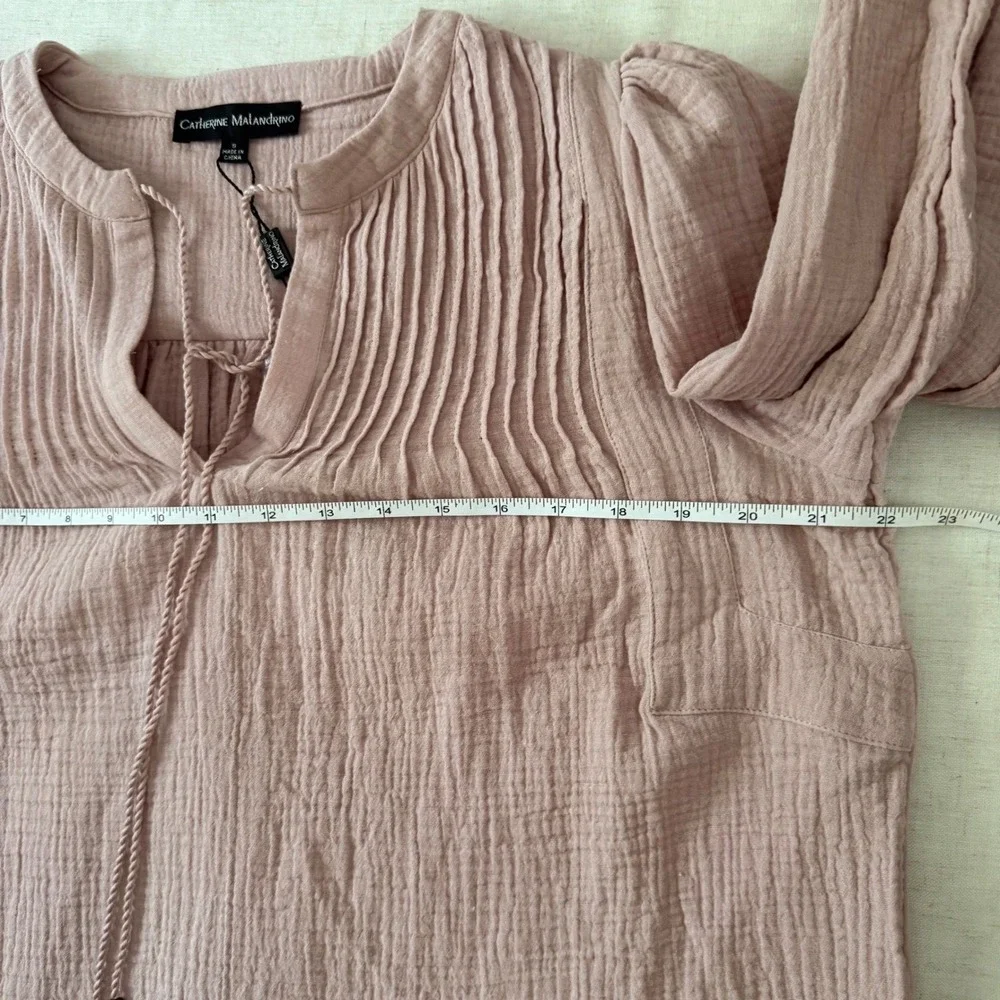 Catherine Malandrino NWT Organic Cotton Gauze Blouse Mauve Pleated Tassel S‎ - Picture 10 of 12